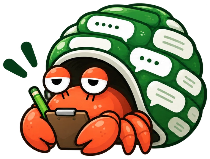 会話の吹き出しの貝殻から顔を出し、メモを取るヤドカリのキャラクター